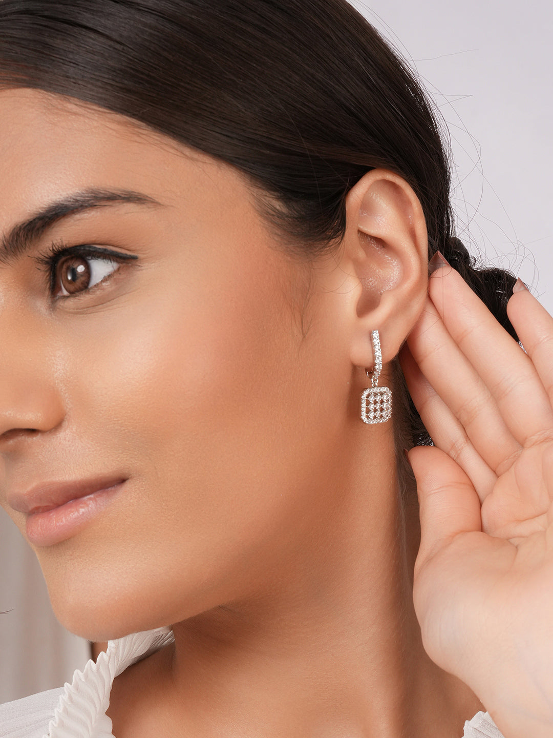 925 Sterling Silver Rhodium Plated Bar Pattern Drop Bali Hoop Earrings